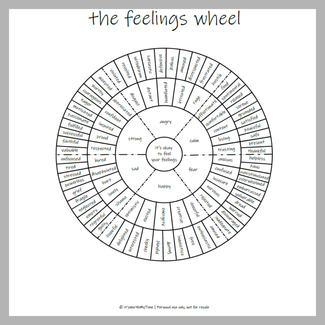 Feelings Wheel B&W Complete Words - 1 Digital Poster